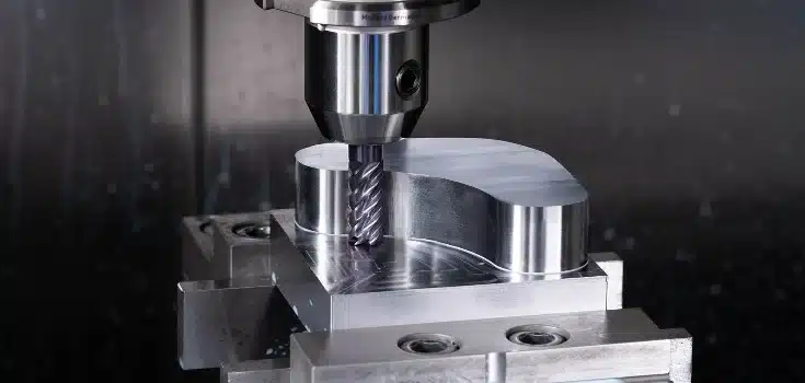 End milling operation with a vertical end mill cutting a slot on a metal workpiece