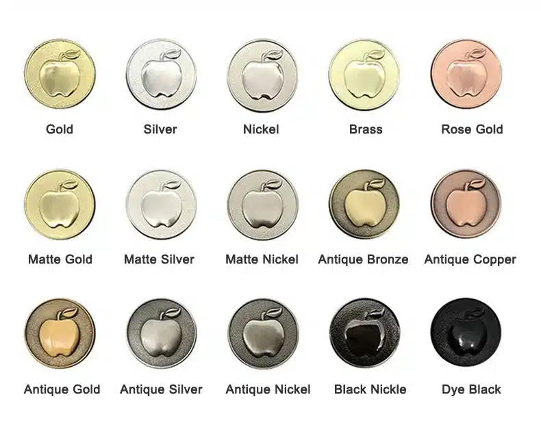 Samples of different electroplating metal finishes including zinc, nickel, copper, gold and silver