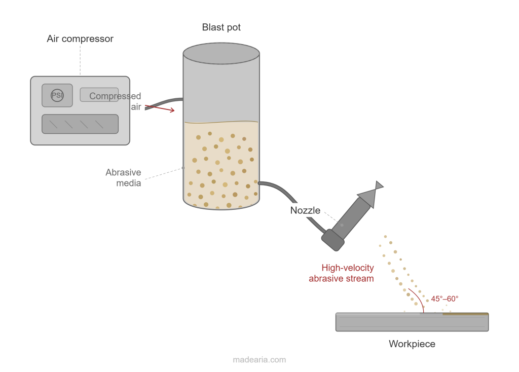 Sandblasting mechanism diagram showing air compressor, blast pot with abrasive media, nozzle, and high-velocity stream hitting a metal workpiece