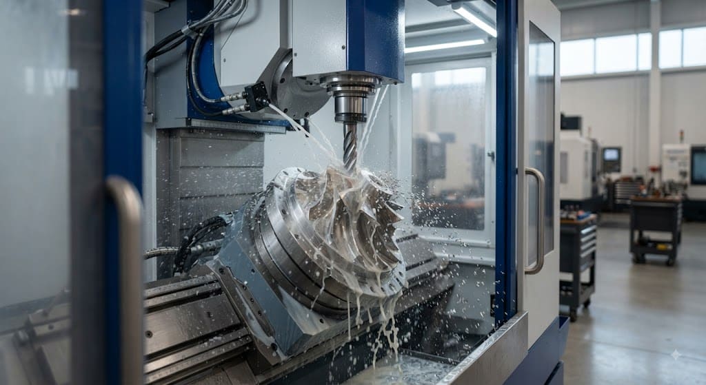 5-axis CNC machining center cutting a complex part from multiple angles in a single setup