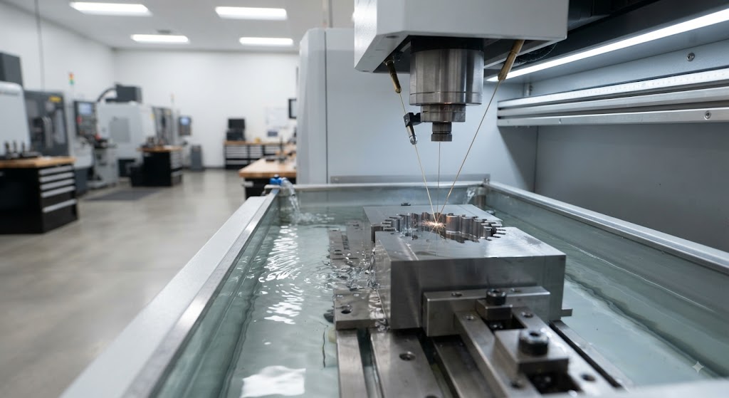 Wire EDM machine cutting a complex profile in hardened metal using electrical discharge