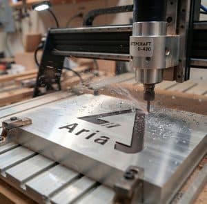 CNC engraving machine cutting text into a metal workpiece
