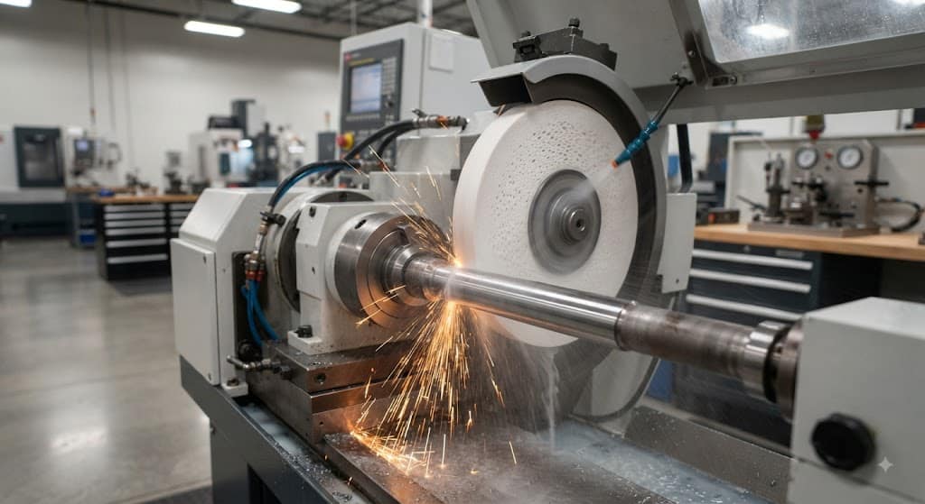 CNC grinding machine finishing a hardened steel part with an abrasive wheel