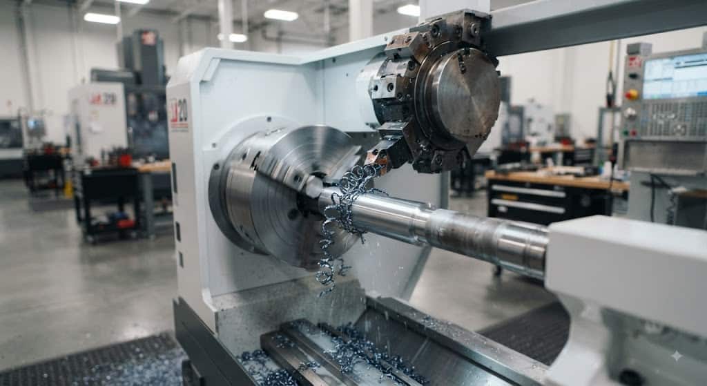 CNC lathe turning a cylindrical metal workpiece with a single-point cutting tool
