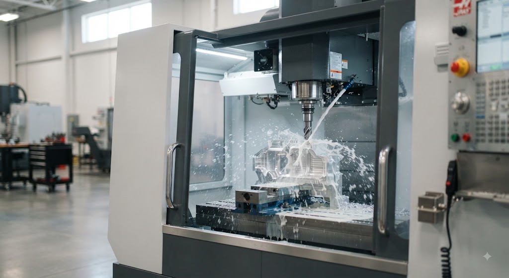 CNC milling machine cutting a metal part with a rotating multi-point cutting tool