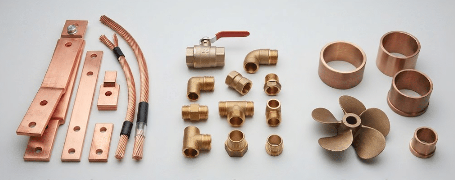 Copper busbars and wiring brass plumbing valves and bronze marine propeller showing typical industrial applications
