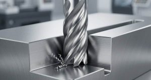 Peripheral milling end mill cutting a workpiece slot