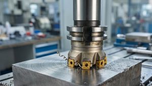 Face milling cutter machining a flat metal surface