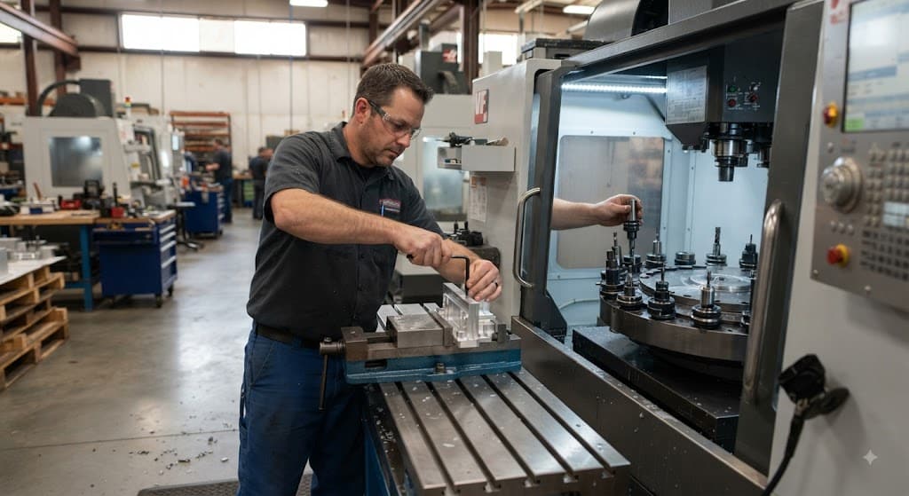 CNC machinist loading a metal workpiece into a vise on a CNC milling machine during machine setup