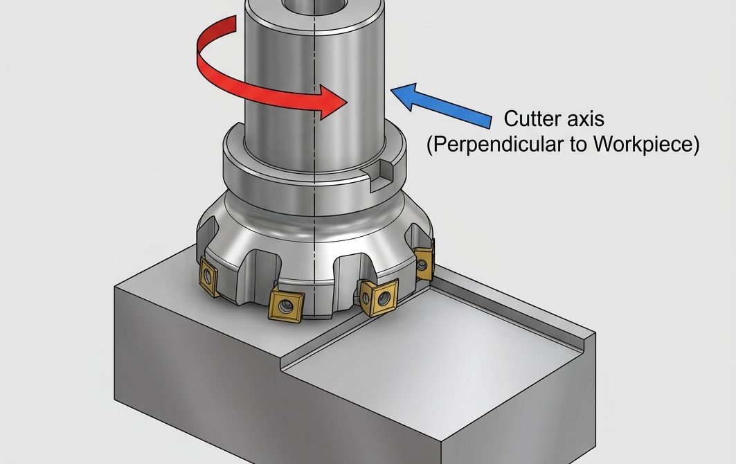 Face milling cutter with indexable inserts machining a flat surface, cutter axis perpendicular to workpiece