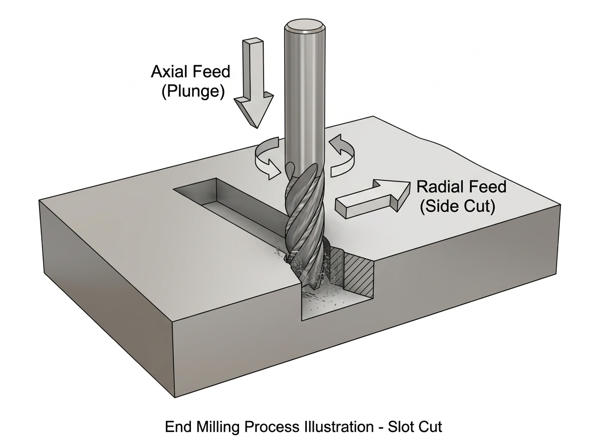 End mill cutting a slot with axial plunge and radial side-cutting motion