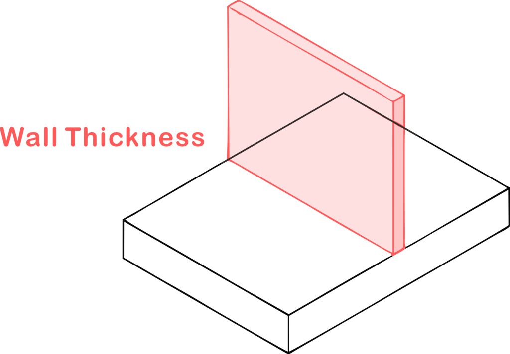 A thin vertical wall on a CNC machined part, illustrating minimum wall thickness