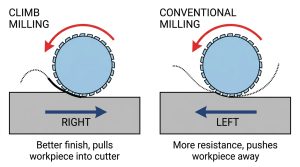 Diagram showing feed direction differences between climb milling and conventional milling