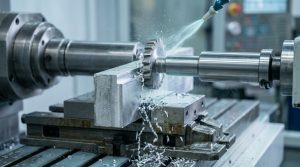 Side milling cutter engaging the vertical edge of an aluminium workpiece on a CNC machine