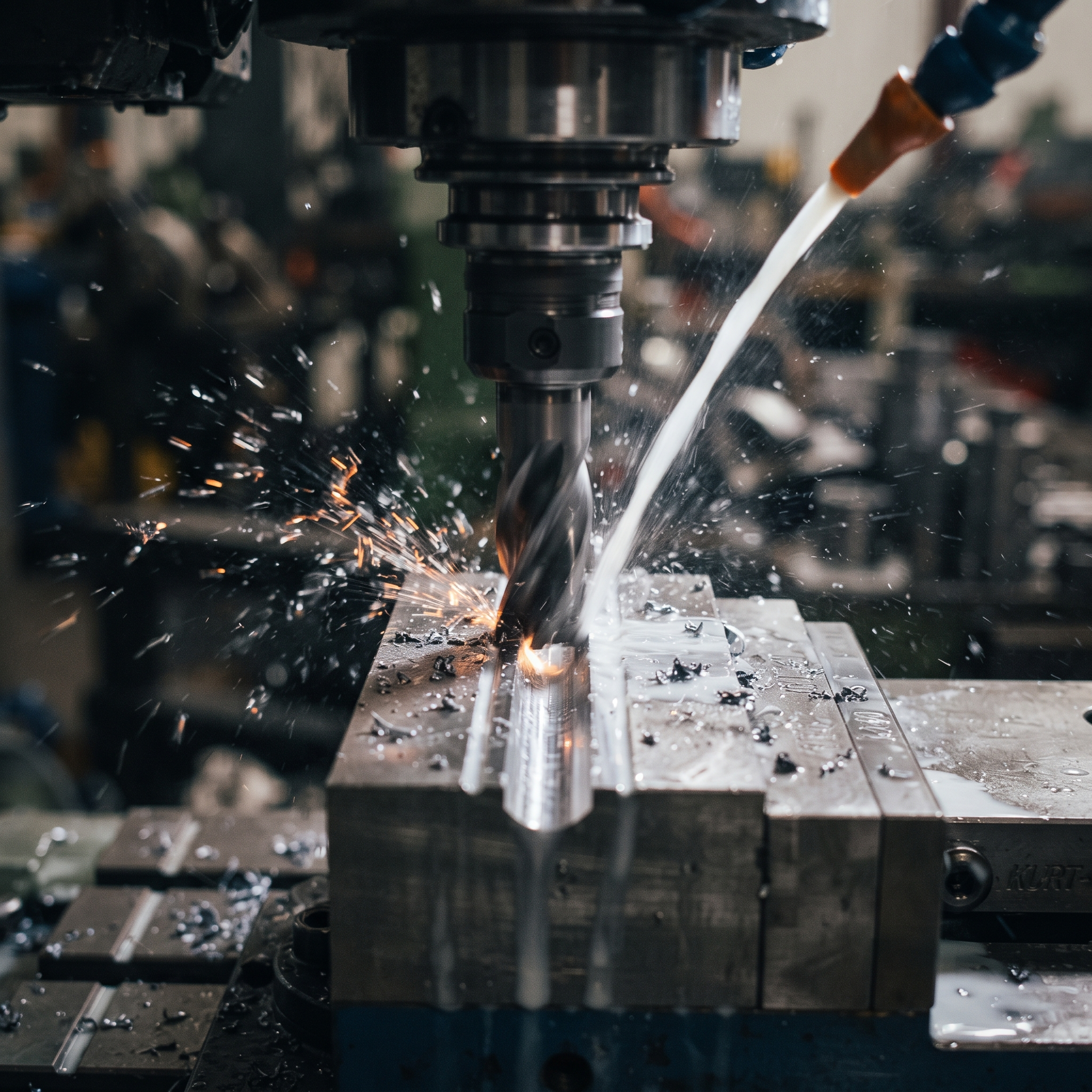 Overhead view of a CNC milling machine cutting a straight slot into a steel workpiece, with coolant flowing onto the cutter and metal chips scattered along the groove
