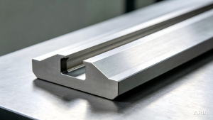 Machined aluminium profile with a T-slot channel and angled walls, the same feature family as a dovetail slot