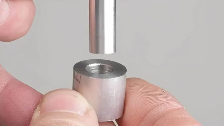 Steel dowel pin press fit into a machined metal bushing, held between fingers