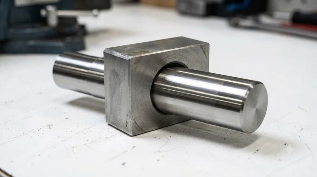 Steel shaft slip fit through a machined square metal block on a workbench