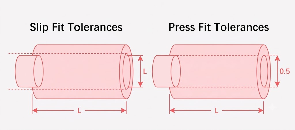 Side-by-side diagram comparing slip fit tolerances and press fit tolerances for a shaft and hole
