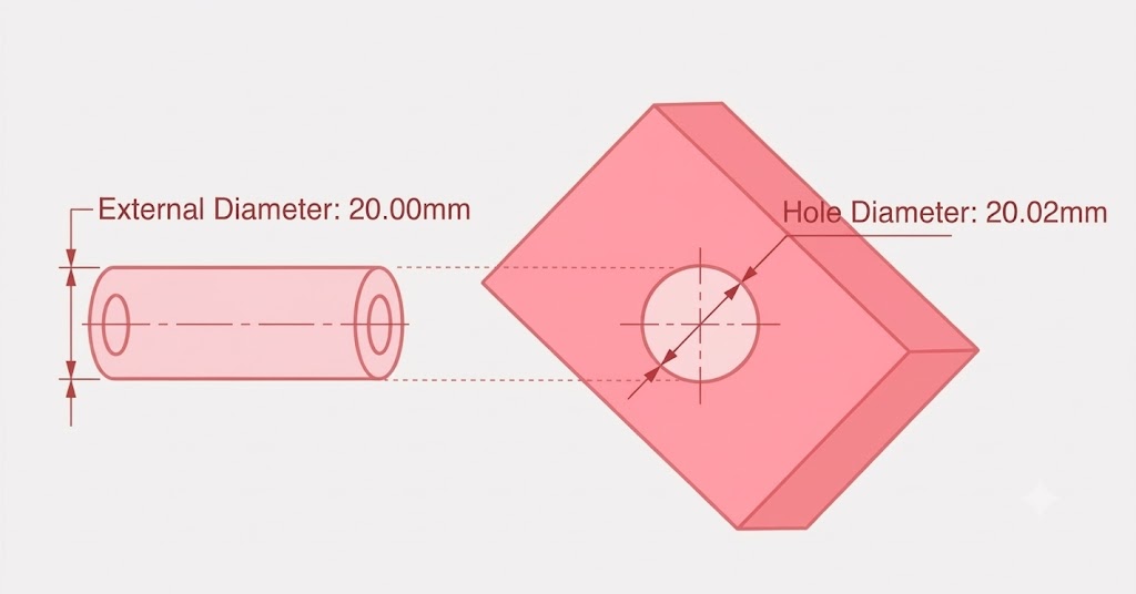 Slip fit diagram showing a cylindrical shaft and a square block with a matching bore, with diameter labels