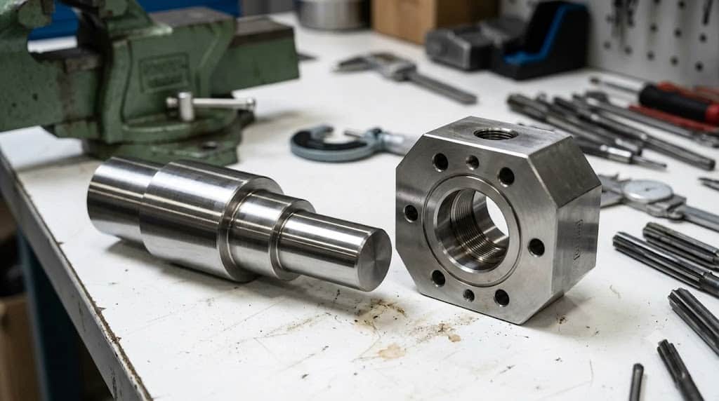 Machined stepped steel shaft and mating flange hub with bolt holes, ready for slip fit assembly
