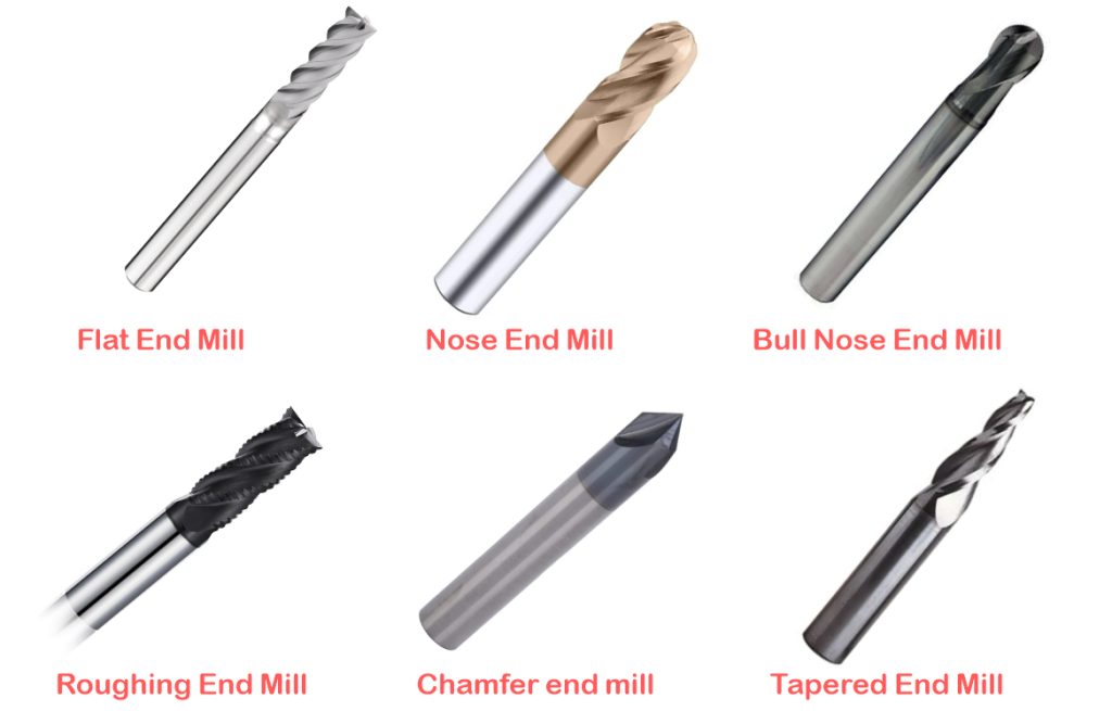 Six common types of end mills: flat end mill, ball end mill, bull nose end mill, roughing end mill, chamfer end mill, and tapered end mill