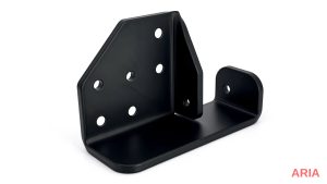 Bent metal bracket with a matte black oxide finish and drilled holes