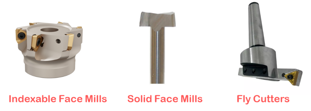 Types of face milling cutters by construction: indexable face mill, solid face mill, and fly cutter